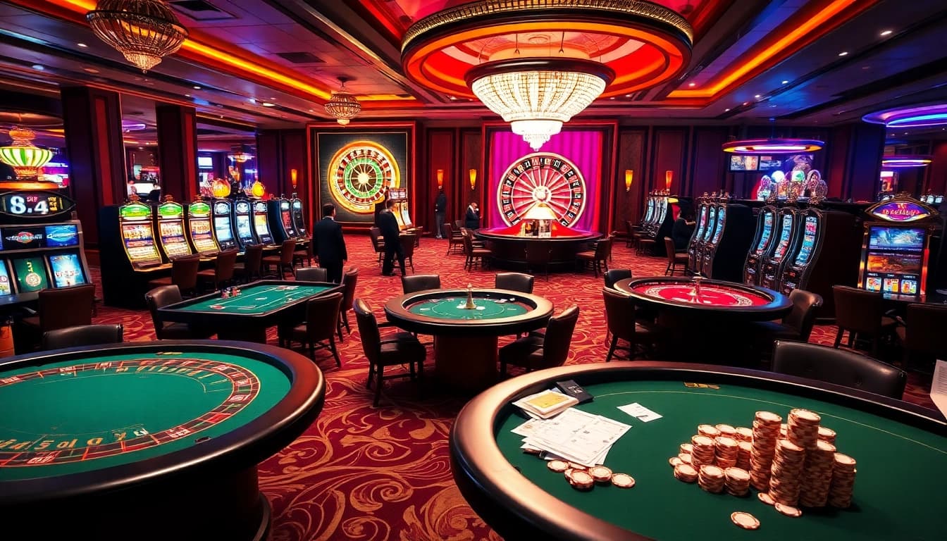 Experience the thrill of MB66 with a vibrant casino scene featuring poker tables and slot machines.