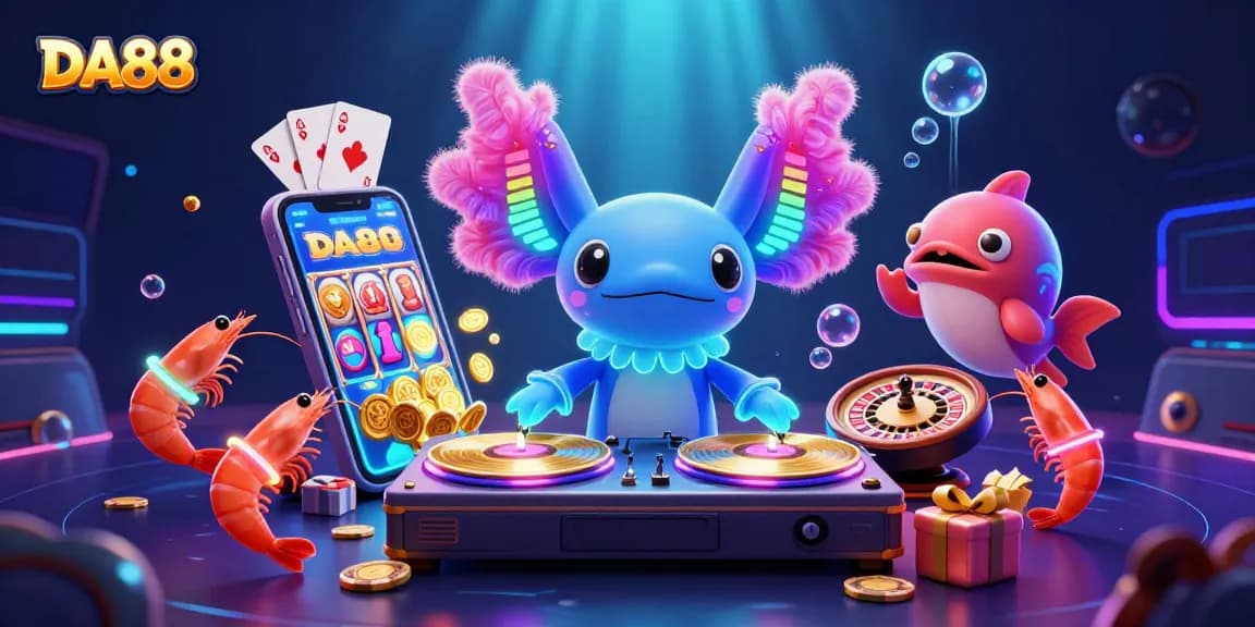 DA88 casino gaming scene featuring lively axolotl DJ and engaging characters in vibrant colors