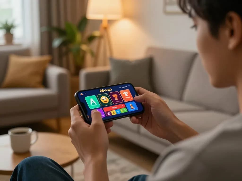Player focusing on the 88vvgo app while enjoying mobile gambling in a cozy home setting.
