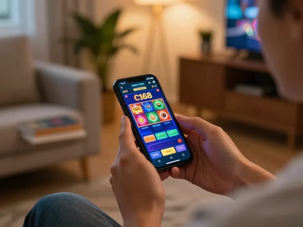 Player enjoying the C168 online casino app while relaxing at home, highlighting responsible gaming