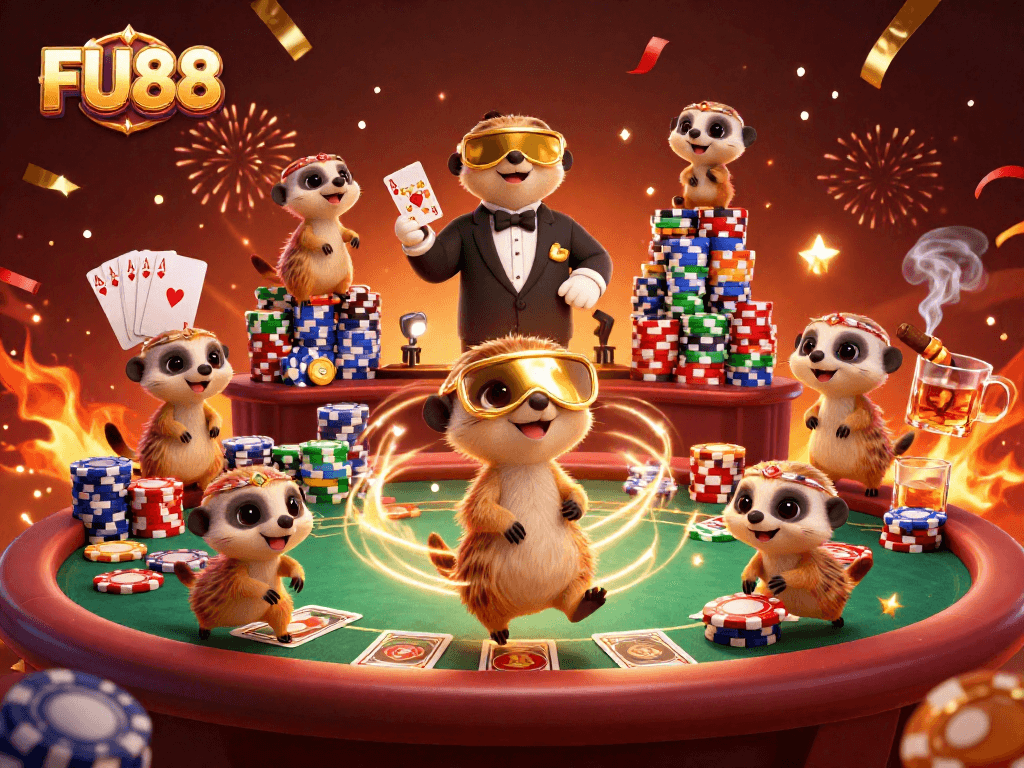 Experience the excitement of FU88 with meerkats managing a casino, featuring vibrant gaming elements.