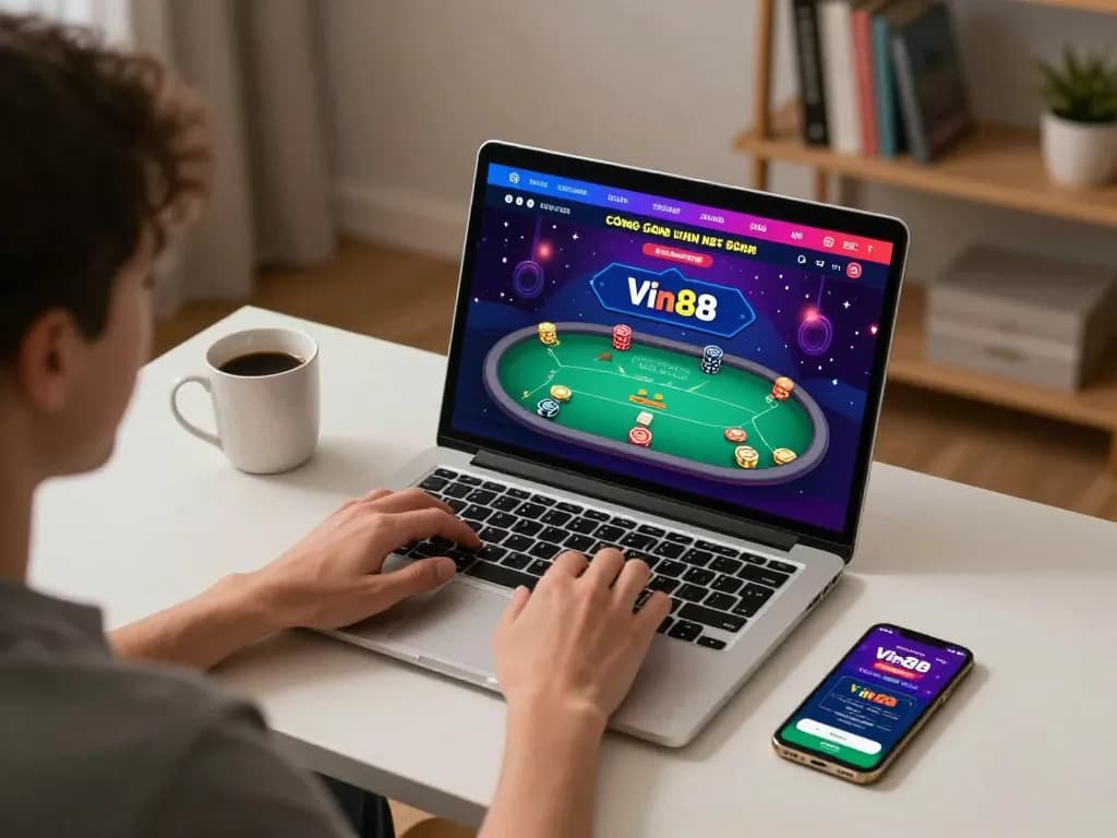 Cổng game Vin88 displayed on a laptop screen during an online casino session, showcasing a poker game interface.