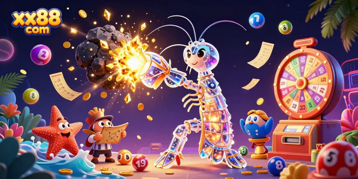 Engage with xx88 com's vibrant gambling scene featuring colorful lottery elements and 3D characters in action.