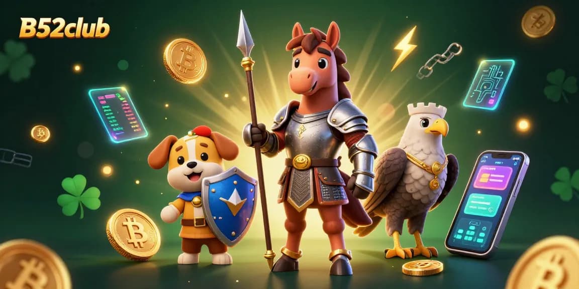 B52club offers thrilling gaming options with a medieval knight and puppy in a vibrant casino-themed illustration.