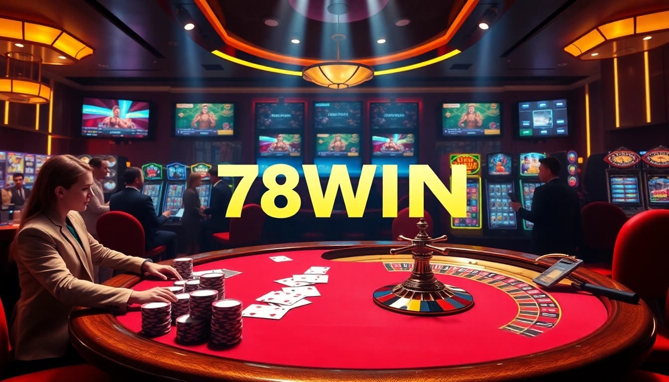 Excited gamblers playing at the elegant 78WIN casino table with vibrant roulette wheels and poker chips.
