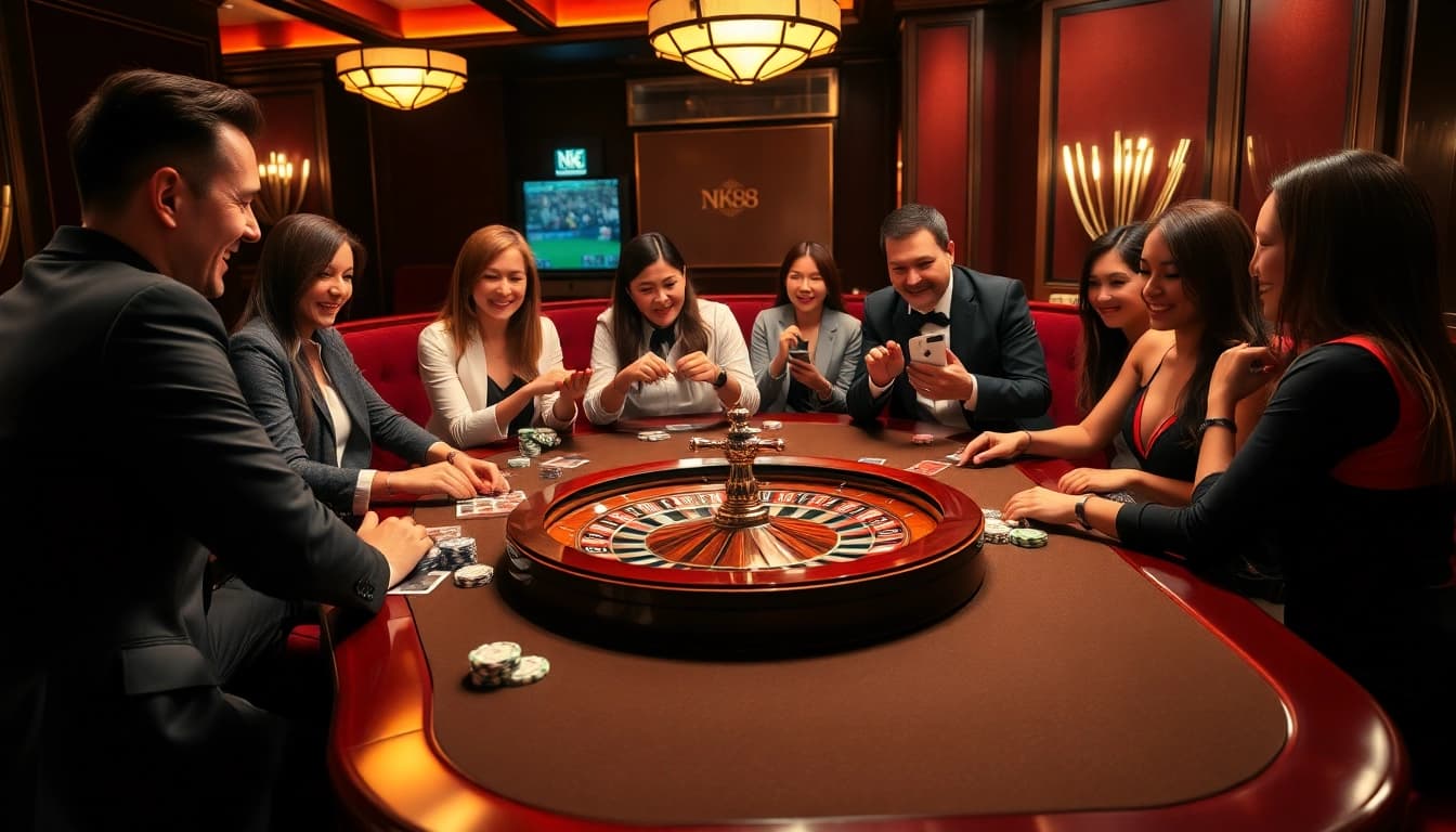 NK88 gaming table with players excitedly betting during a high-stakes poker game.