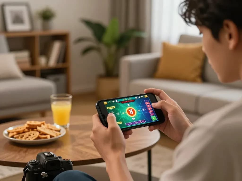 Engaged player enjoying Tài Xỉu online on smartphone, focused on strategic gameplay in cozy home setting.