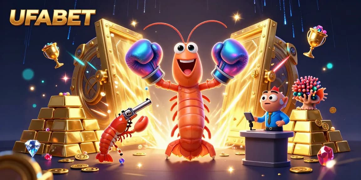 Engage with UFABET's exciting gaming universe featuring dynamic shrimp characters and treasure elements.