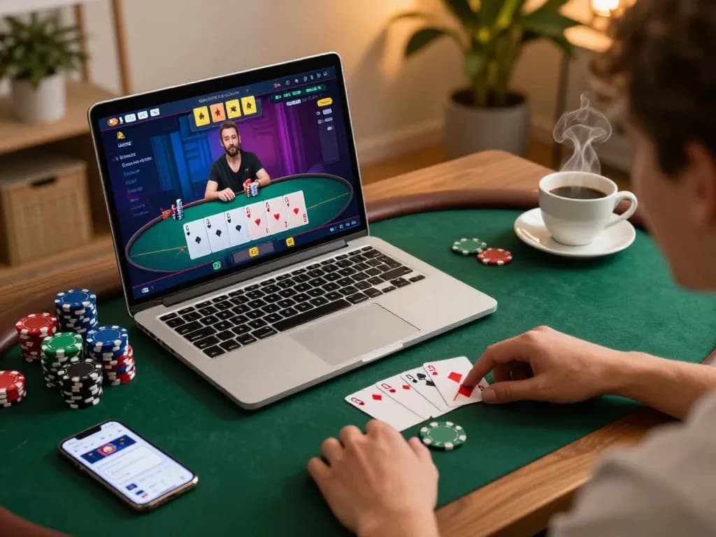 Engaging view of a player analyzing strategies at nhà cái uy tín Sunwin during an online poker game