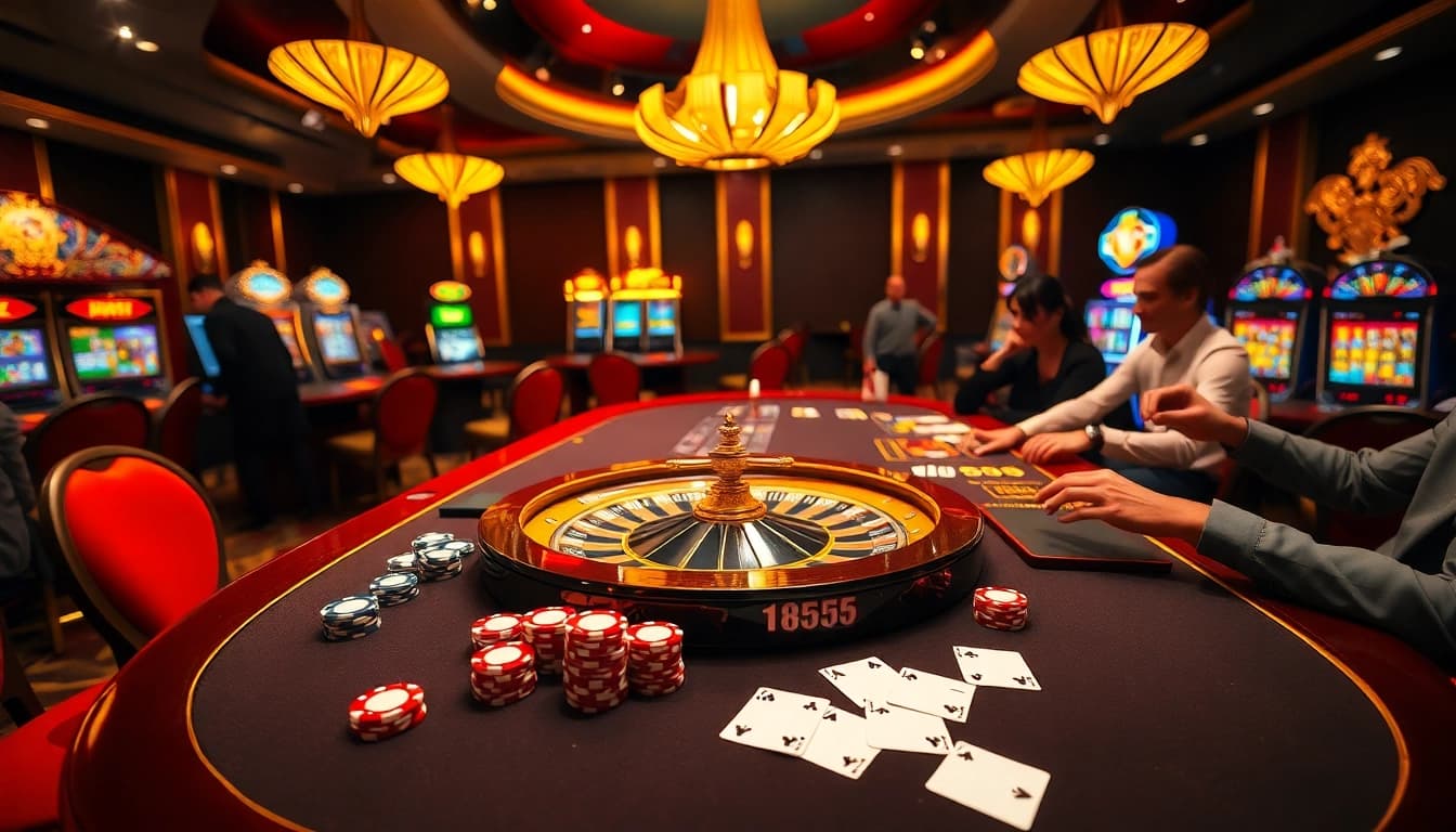 Engaging players at BL555 casino table with vibrant poker chips and roulette wheel.