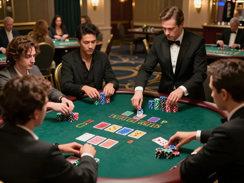 Experience strategic gameplay at max88 with players engaged in intense blackjack action, illuminated by ambient lighting.