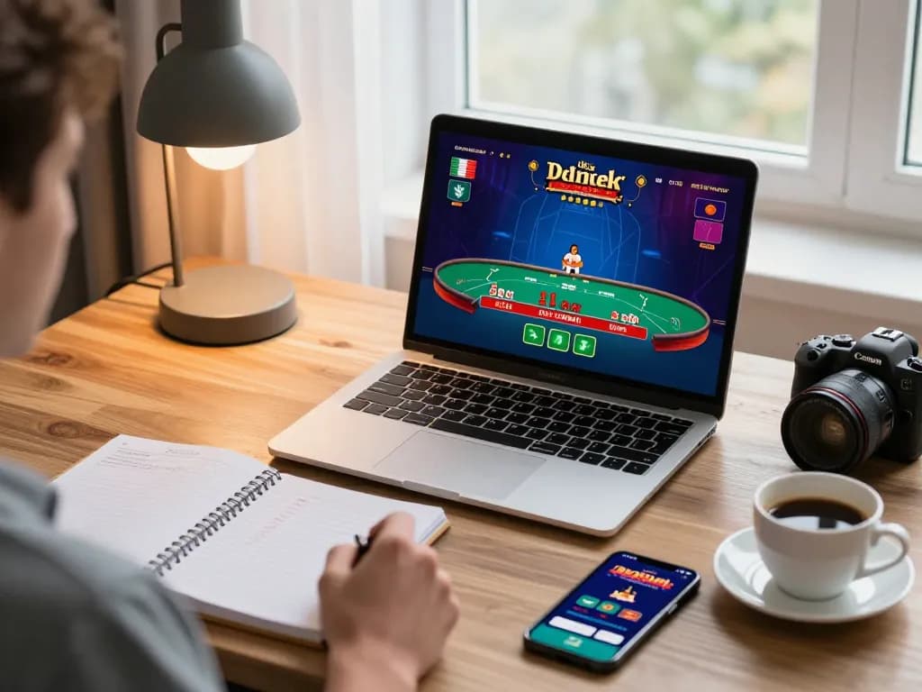 Dabet player enjoying live dealer blackjack in a cozy home office setup, capturing the thrill of online casino gaming.