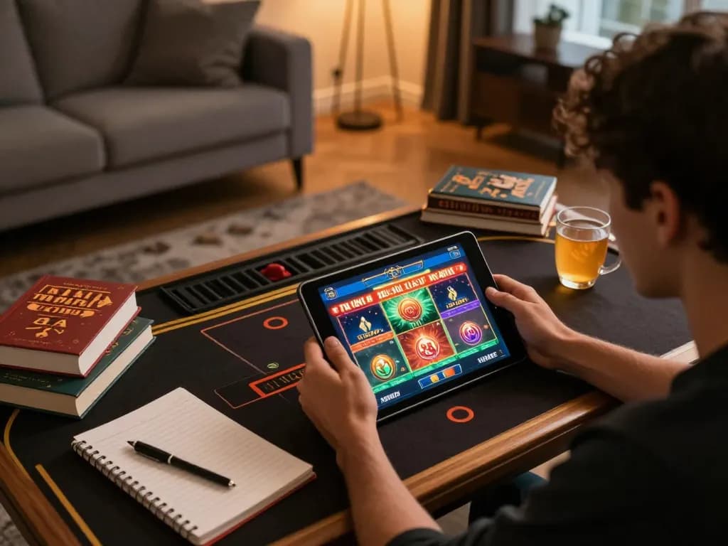 Person engaged in game bài đổi thưởng on a tablet with strategic notes in a cozy home.