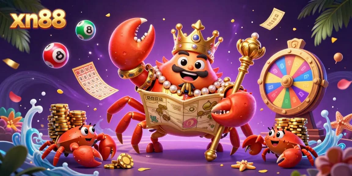 Experience engaging wins at xn88 with a vibrant casino-themed illustration featuring a golden crab emperor.