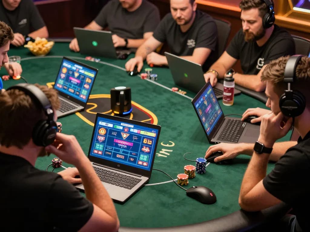 Players strategizing online poker gameplay with F8BET interface visible, creating an engaging atmosphere.