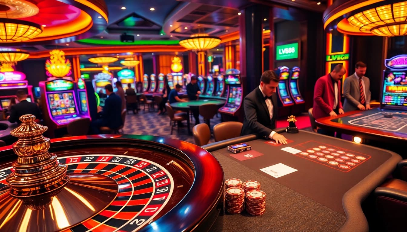 Experience the thrill of lv88 at a luxurious casino with vibrant slot machines and a roulette wheel.