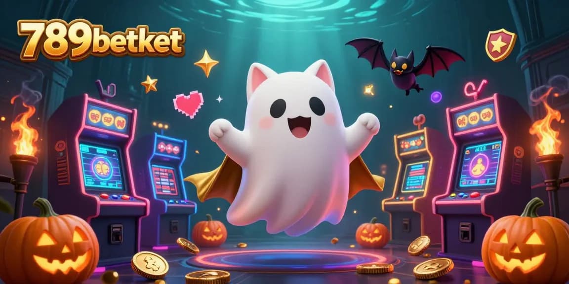 Engage in vibrant gaming with 789betket's immersive haunted casino illustration featuring unique characters and iconic gaming elements.