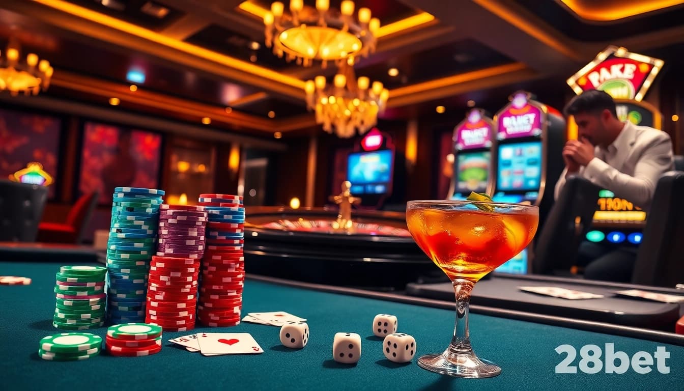 Experience the thrill of gaming at 28bet with a vibrant casino scene featuring poker, roulette, and slots.