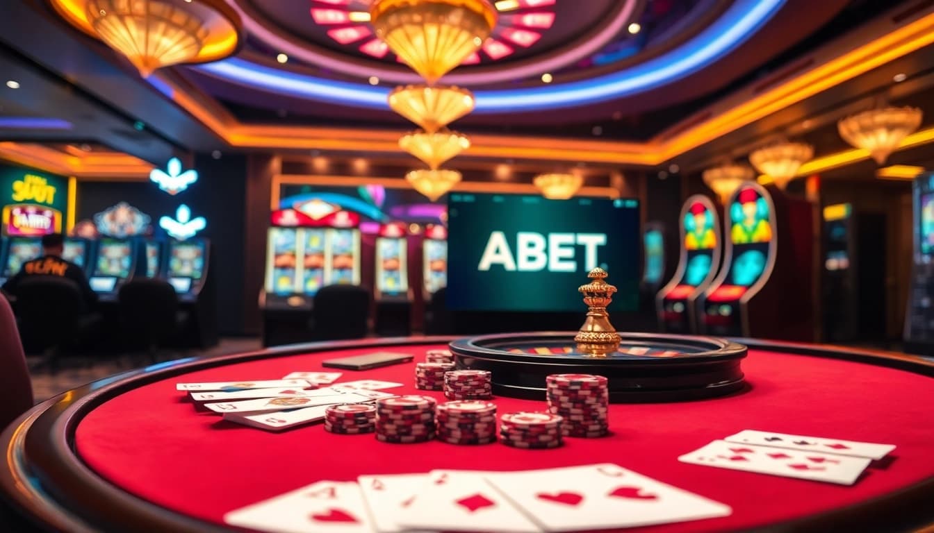 Experience the excitement at FABET with vibrant casino action, poker chips, and roulette tables.