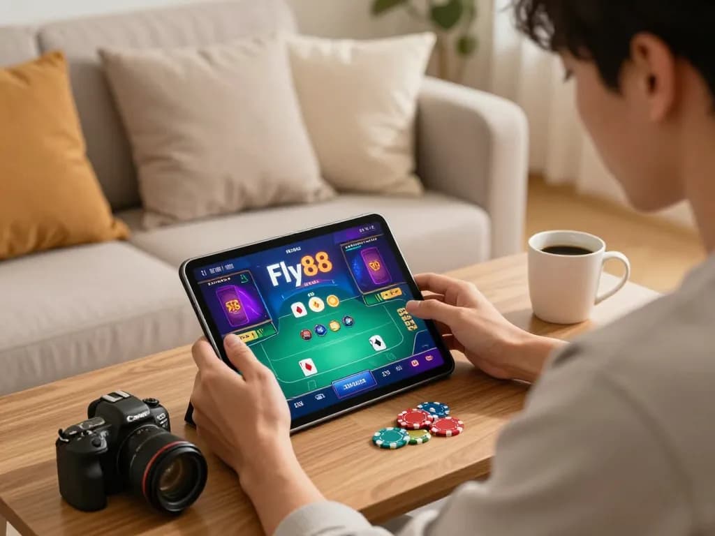 Engaging online poker gameplay on Fly88 tablet in cozy home setting