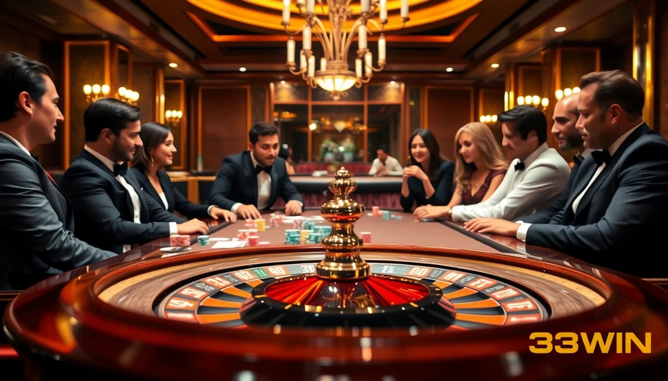 Experience the high-stakes excitement of gambling at the 33WIN casino table with luxurious decor.
