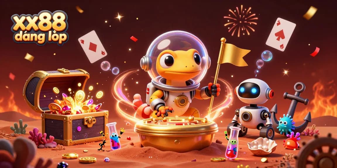 Experience gaming excitement with xx88 đăng nhập, featuring a cartoon gecko in a cosmic casino.