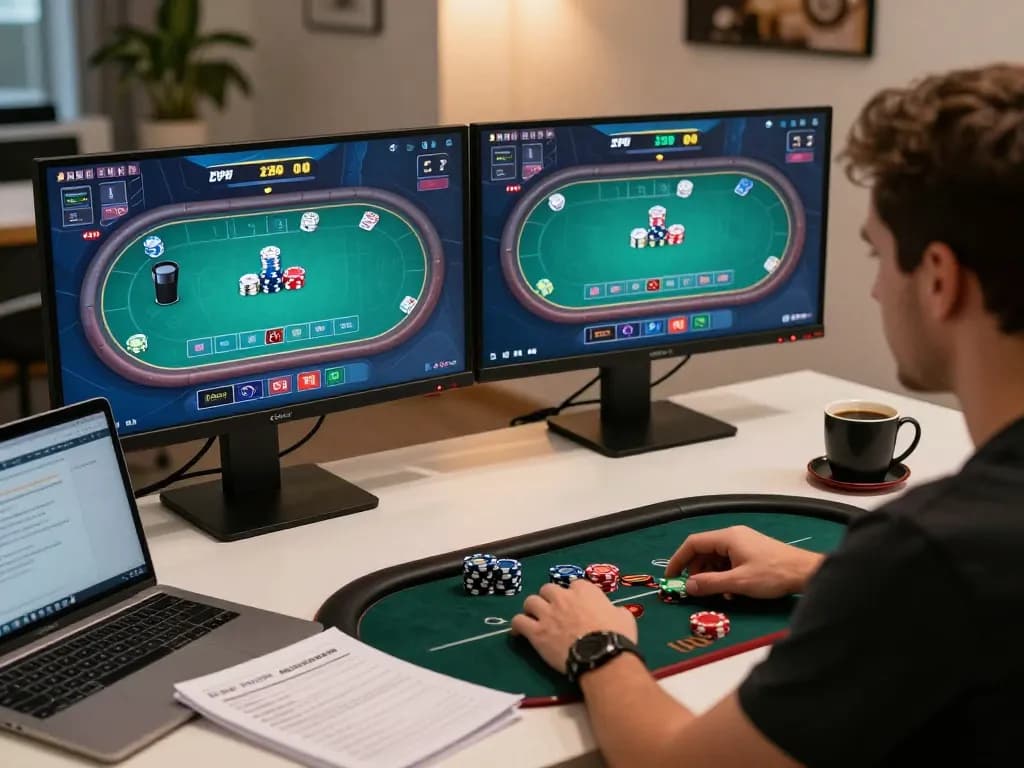 Engaged player mastering sky88 poker strategies on dual monitors in a cozy home office setup.