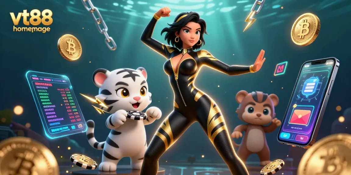 Engage in gaming on the vt88 homepage with vibrant visuals of a woman, tiger, and crypto elements.