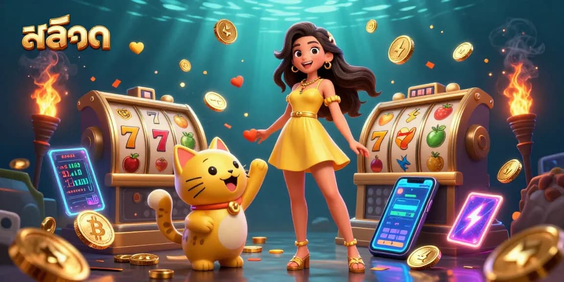 Experience exciting สล็อต games with a joyful woman and a lucky cat, immersed in vibrant casino elements.