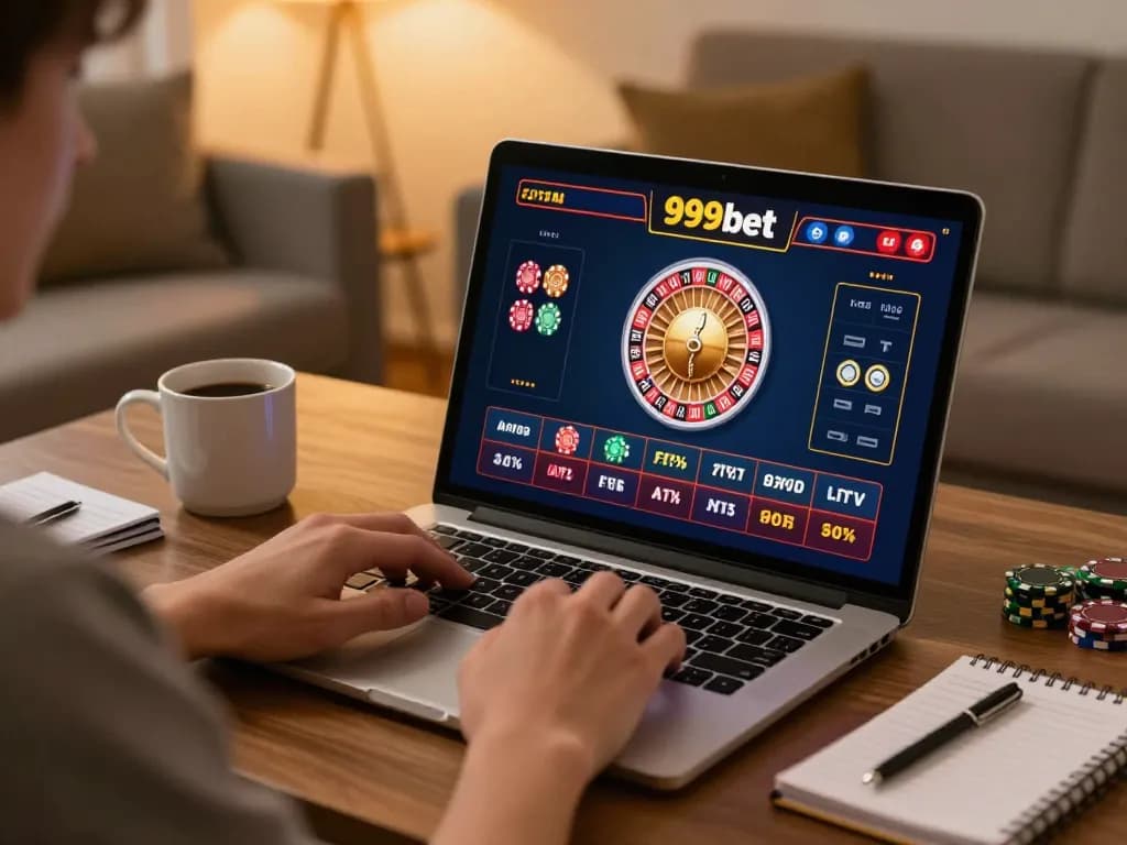 Engaging in online gaming on 999bet, showcasing a player's strategic interaction with roulette in a cozy setting