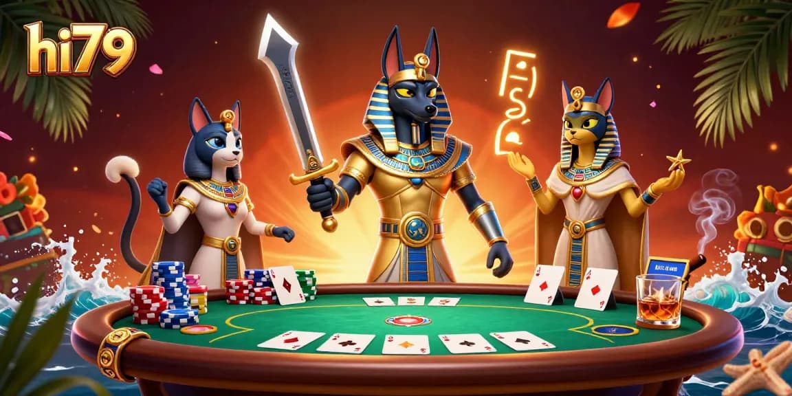 Engage with hi79's immersive gaming experience featuring vibrant 3D Egyptian-themed poker action.