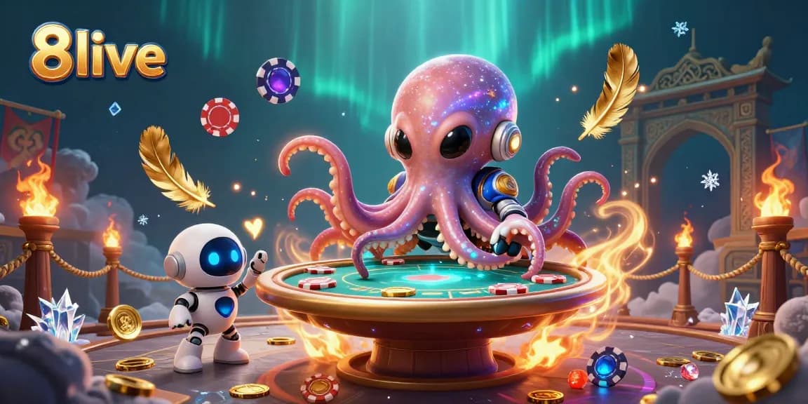 Experience 8live's dynamic gameplay with an alien octopus dealer at a holographic poker table.