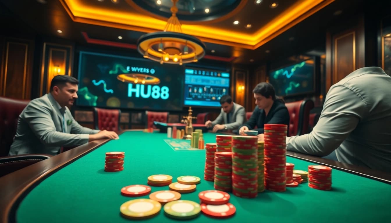 Engage in excitement with HU88 poker chips at a luxurious casino table.