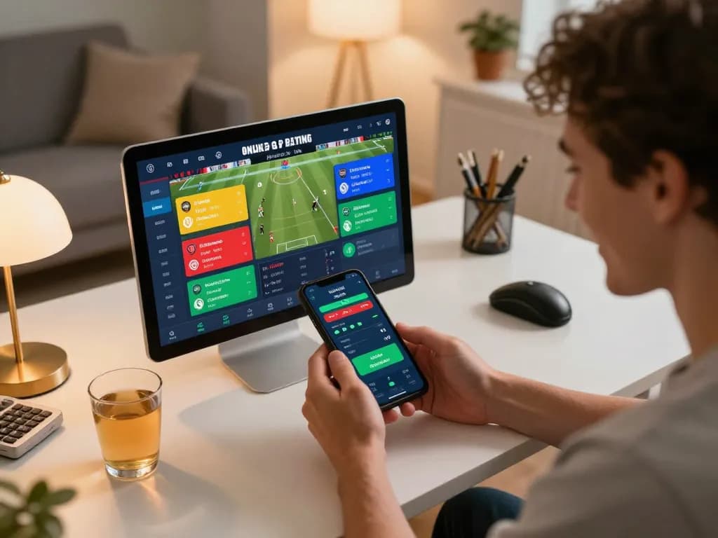 Engaged user placing bets on bayvip's sports betting app in a cozy home setting.