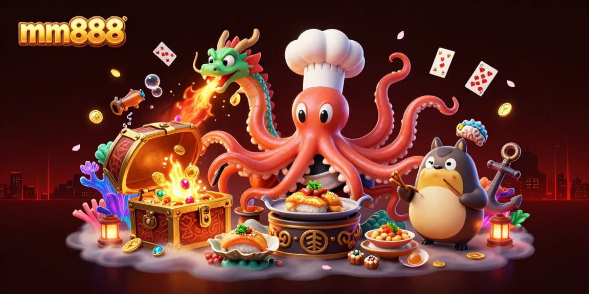 Engage with mm888's vibrant casino scene featuring an octopus chef and dragon, celebrating new gaming adventures.