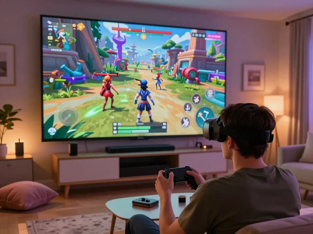 Player immersed in a vibrant sex game experience using a VR headset and controller in a cozy gaming setup.