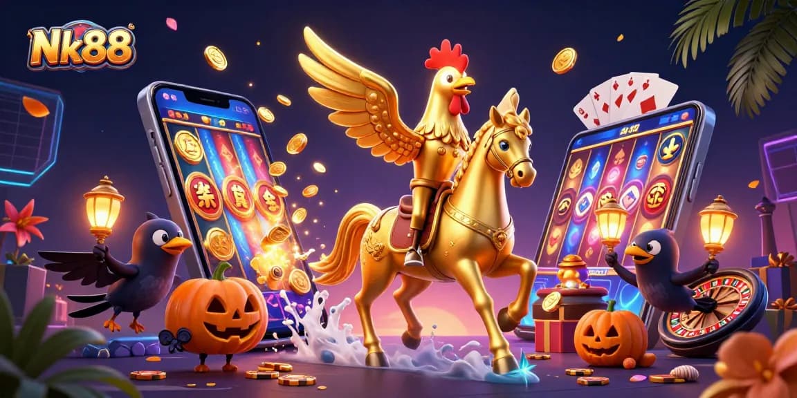 Engage with thrilling games at Nk88, featuring a golden rooster in a vibrant casino setting with gaming elements.