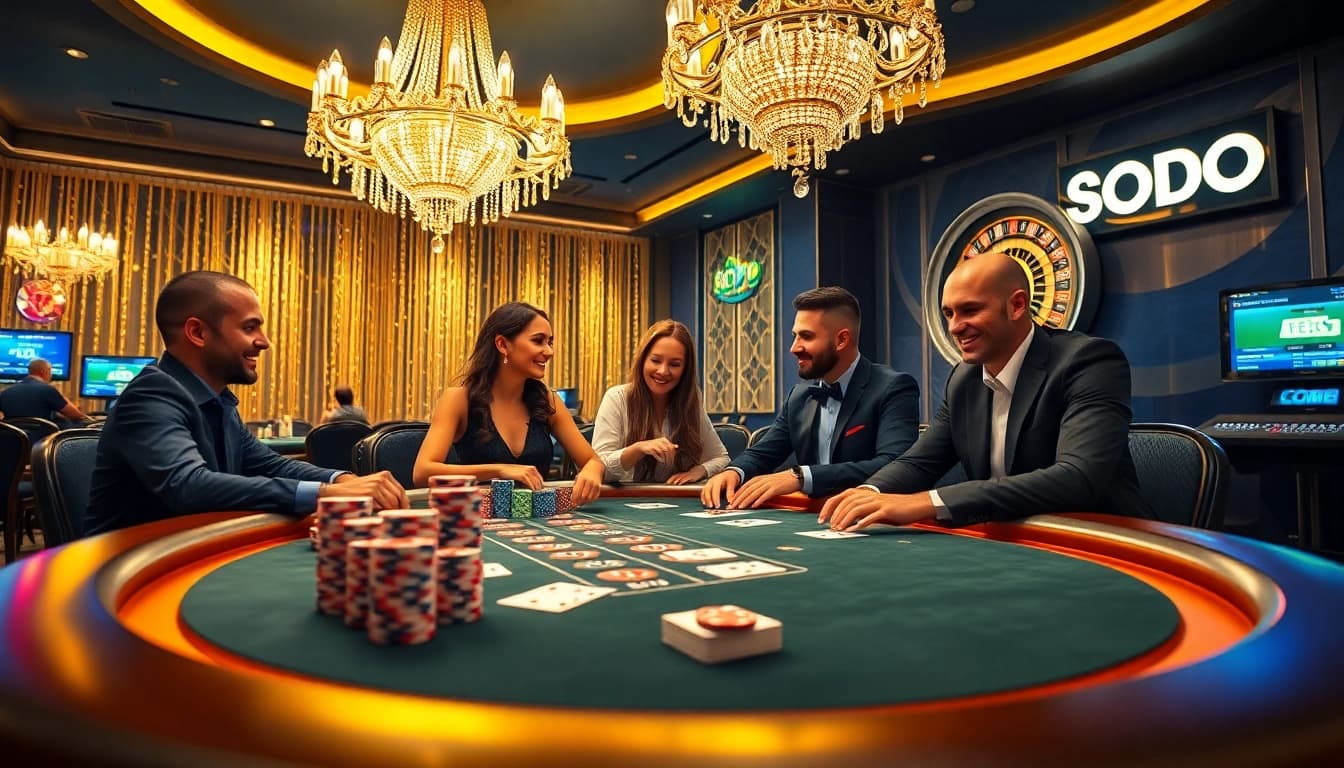 SODO casino scene with vibrant poker chips and players engaging at a blackjack table.