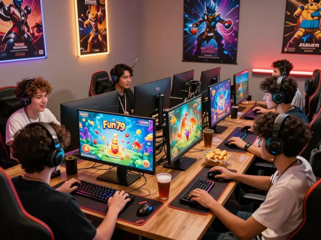 Fun79 online gaming setup with players enjoying vibrant fish-themed graphics and snacks.