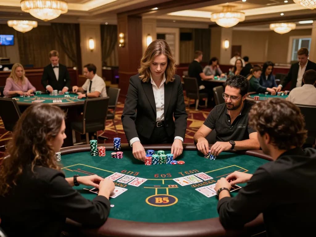 Engaged players at BL555 blackjack tables strategizing for better odds in a luxurious casino.
