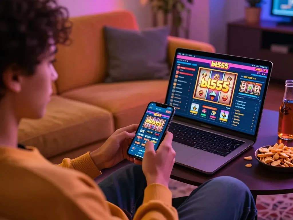 Player enjoying the bl555 online casino on a smartphone, immersed in a vibrant gaming environment.