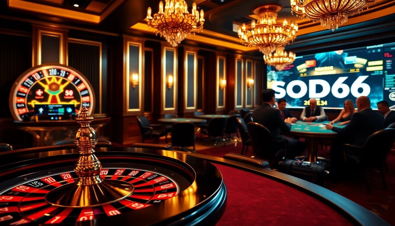 Experience high-stakes gambling at SODO66 with elegant casino tables and vibrant poker chips.