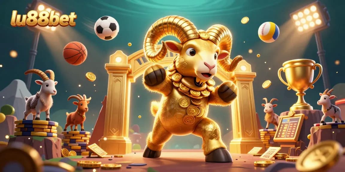 Immerse in the vibrant world of lu88bet, featuring a charging golden ram amidst dynamic gaming elements.