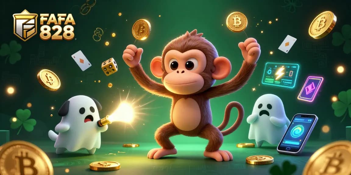Engage with FAFA 828 in this vibrant 3D illustration showcasing a playful monkey and puppy in a haunted casino scene.