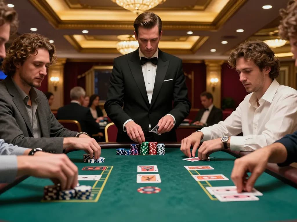 GO99 blackjack players strategizing bets at an upscale casino table.