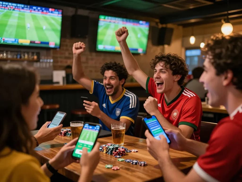 Engaged fans using betting apps while watching a game at a sports bar, showcasing the excitement of trang cá cược bóng đá.