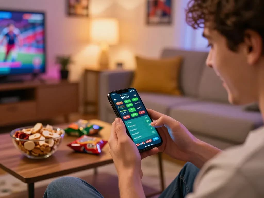 Engaging person using nhandinhkeonhacai for live sports betting at home with smartphone