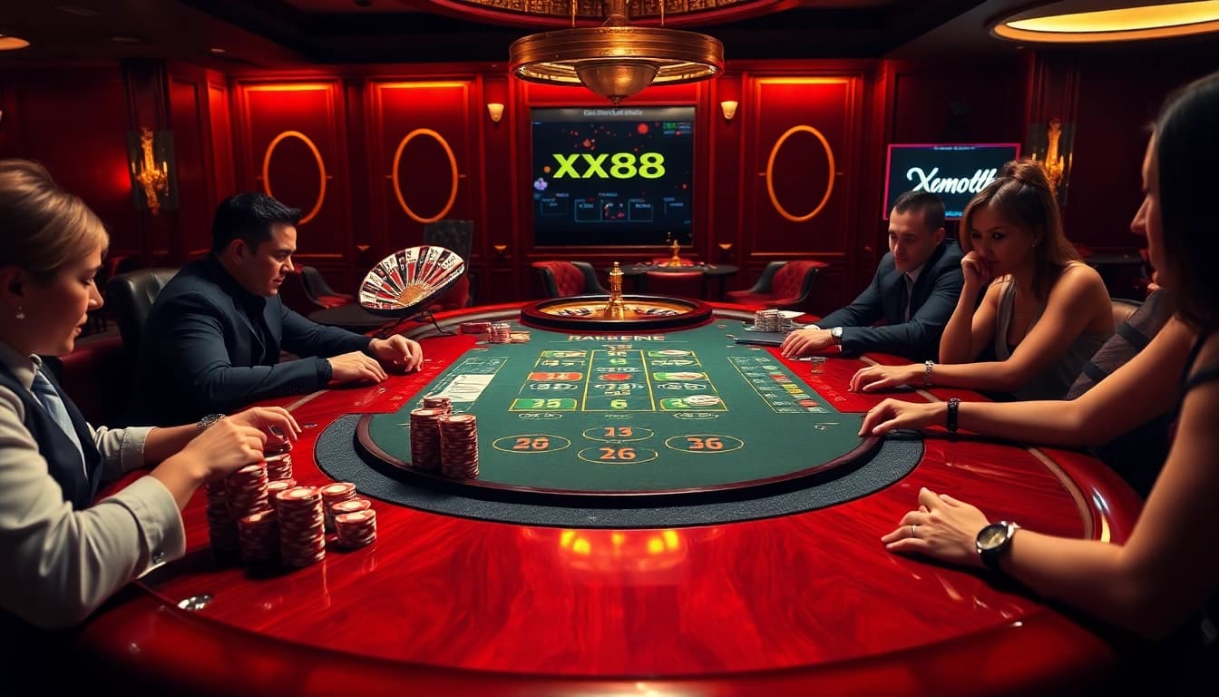 Engaging casino scene showcasing players at the XX88 blackjack table, highlighting excitement and luxury.