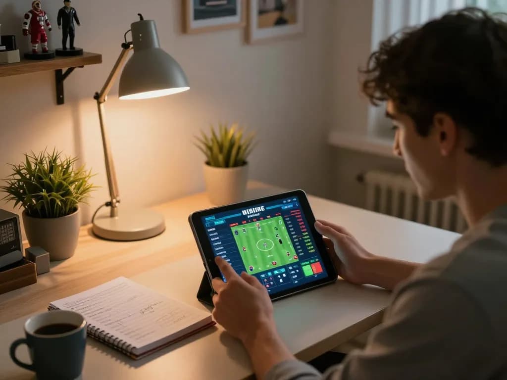 MM88 player betting on sports through a tablet in a cozy home office.