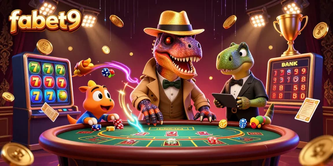 Watch fabet9’s 3D velociraptor card counter strategizing at a blackjack table amidst casino excitement.